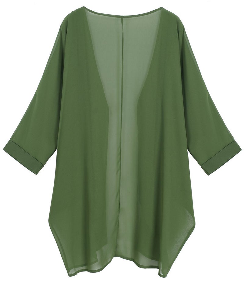 olrain Women's Floral Print Sheer Chiffon 3/4 Bat Sleeve Casual Loose Kimono Cardigan Capes (X-Large, Deep Green) - Image 2